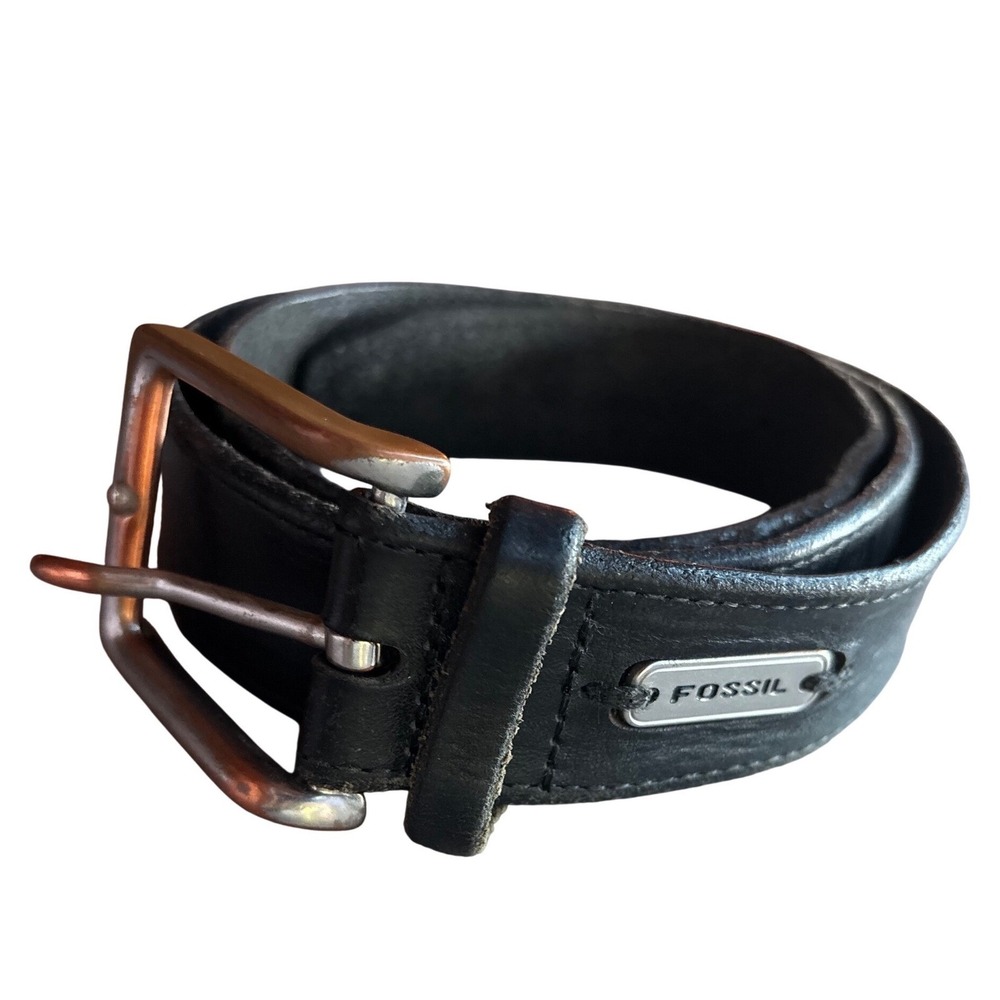 Fossil Mens 32 Black Genuine Leather Belt Silver Tone Buckle Logo Office
